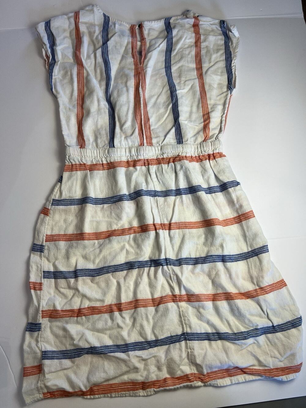Old Navy Women Size Medium Tall Striped Dress Cap Sleeve Tie Waist Linen Blend